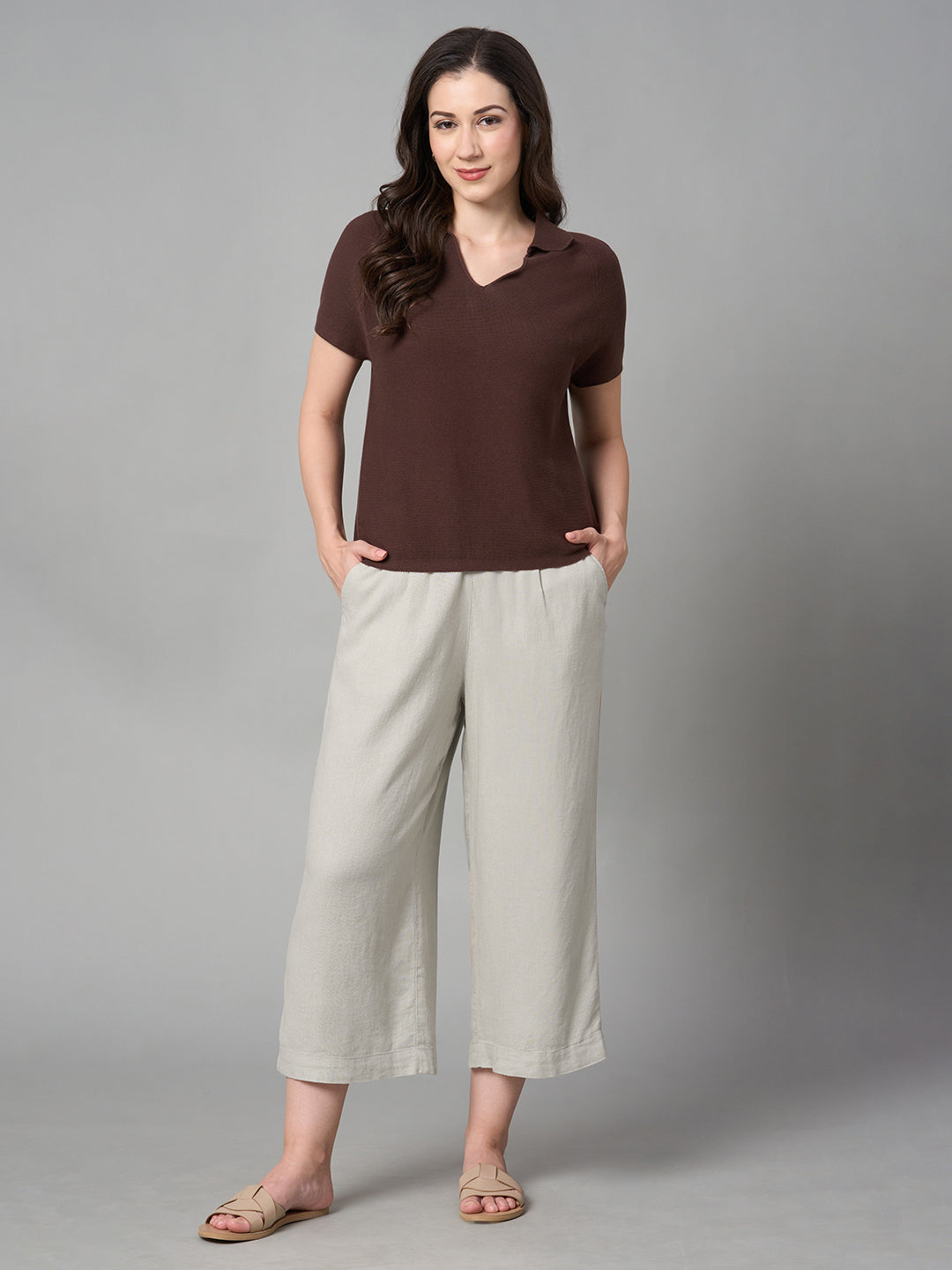 Women's Sand Linen Viscose Regular Fit Culotte