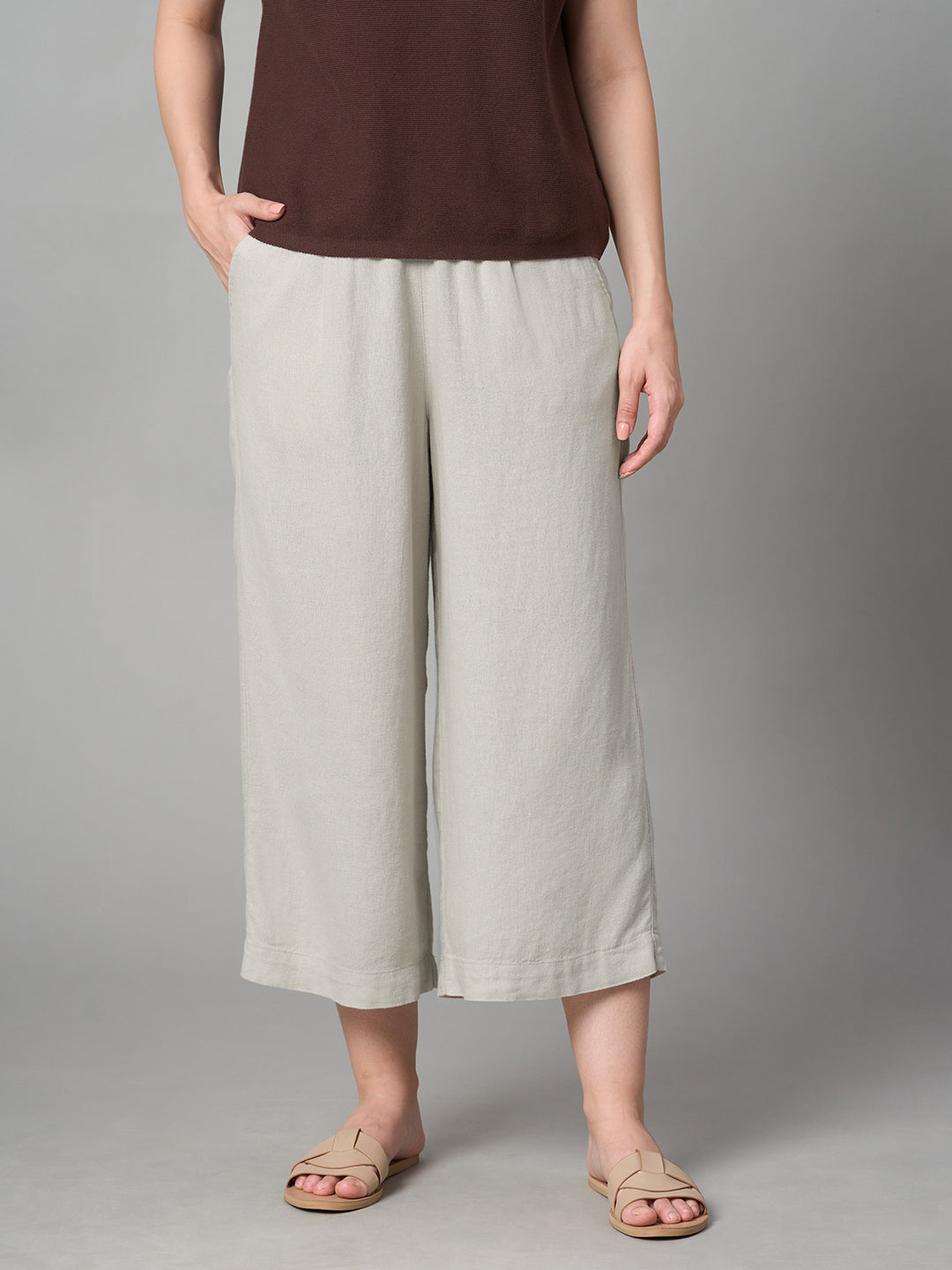 Women's Sand Linen Viscose Regular Fit Culotte