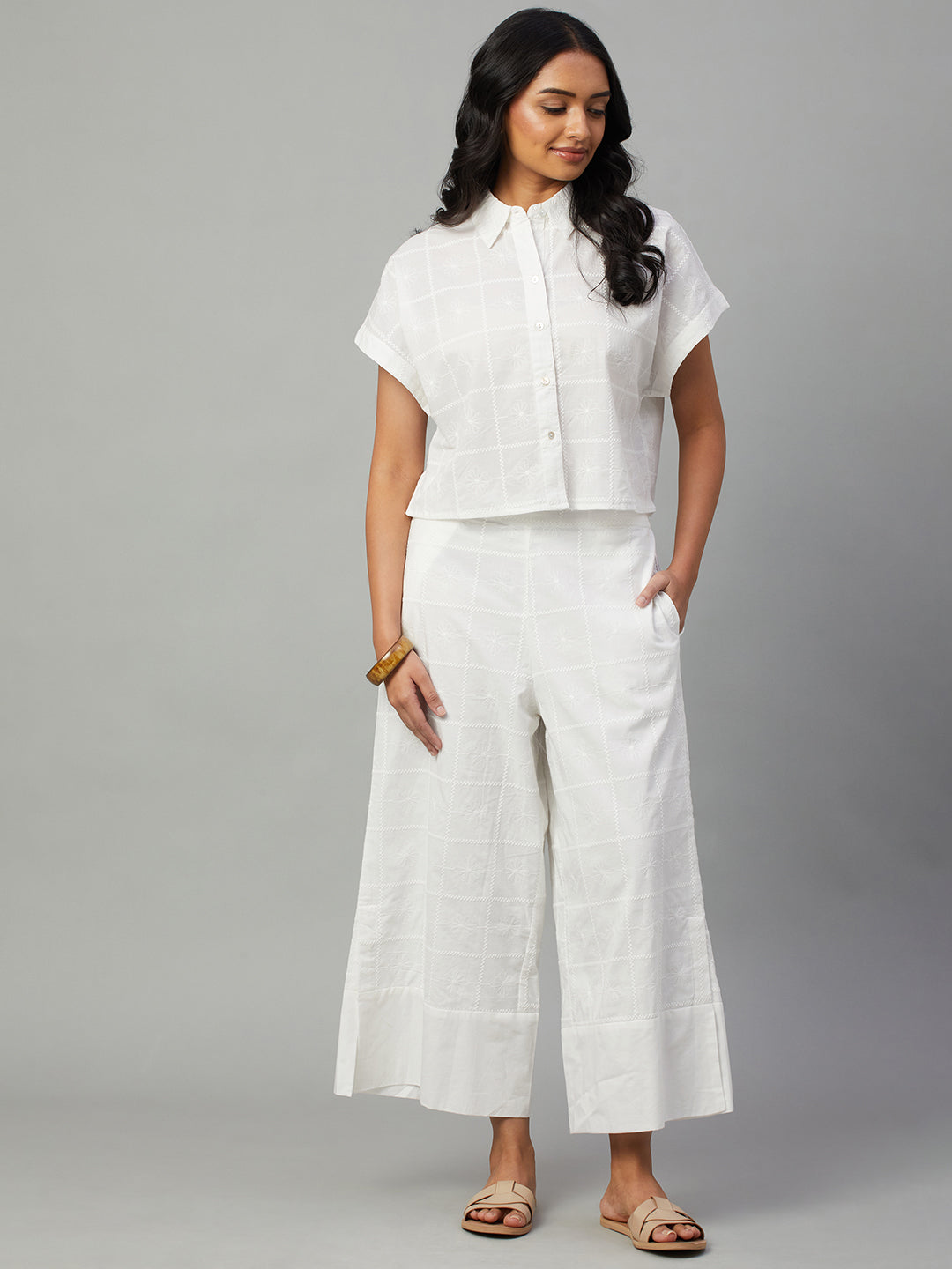 Women's White 100% Cotton Regular Fit Culotte