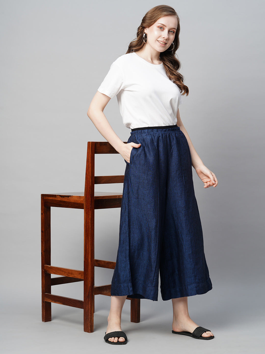 Women's Linen Blue Regular Fit Culotte