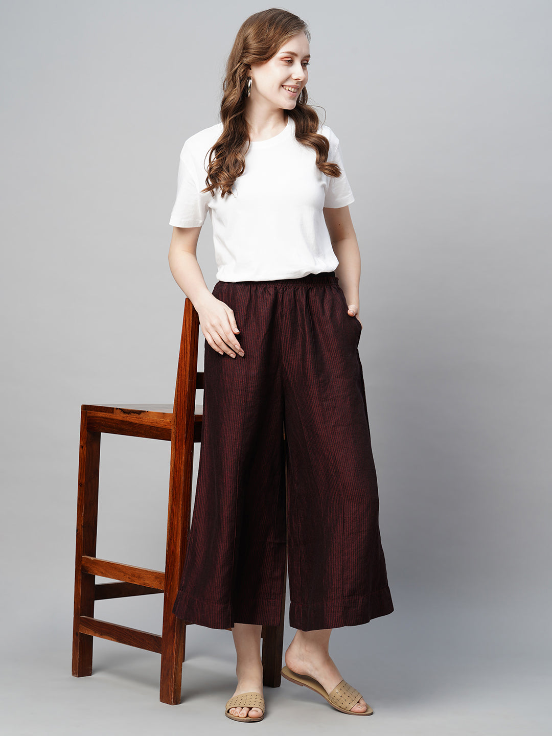 Women's Maroon Linen Regular Fit Culotte
