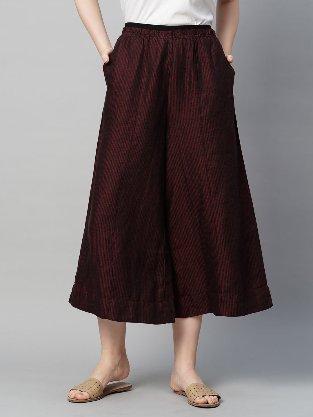 Women's Maroon Linen Regular Fit Culotte