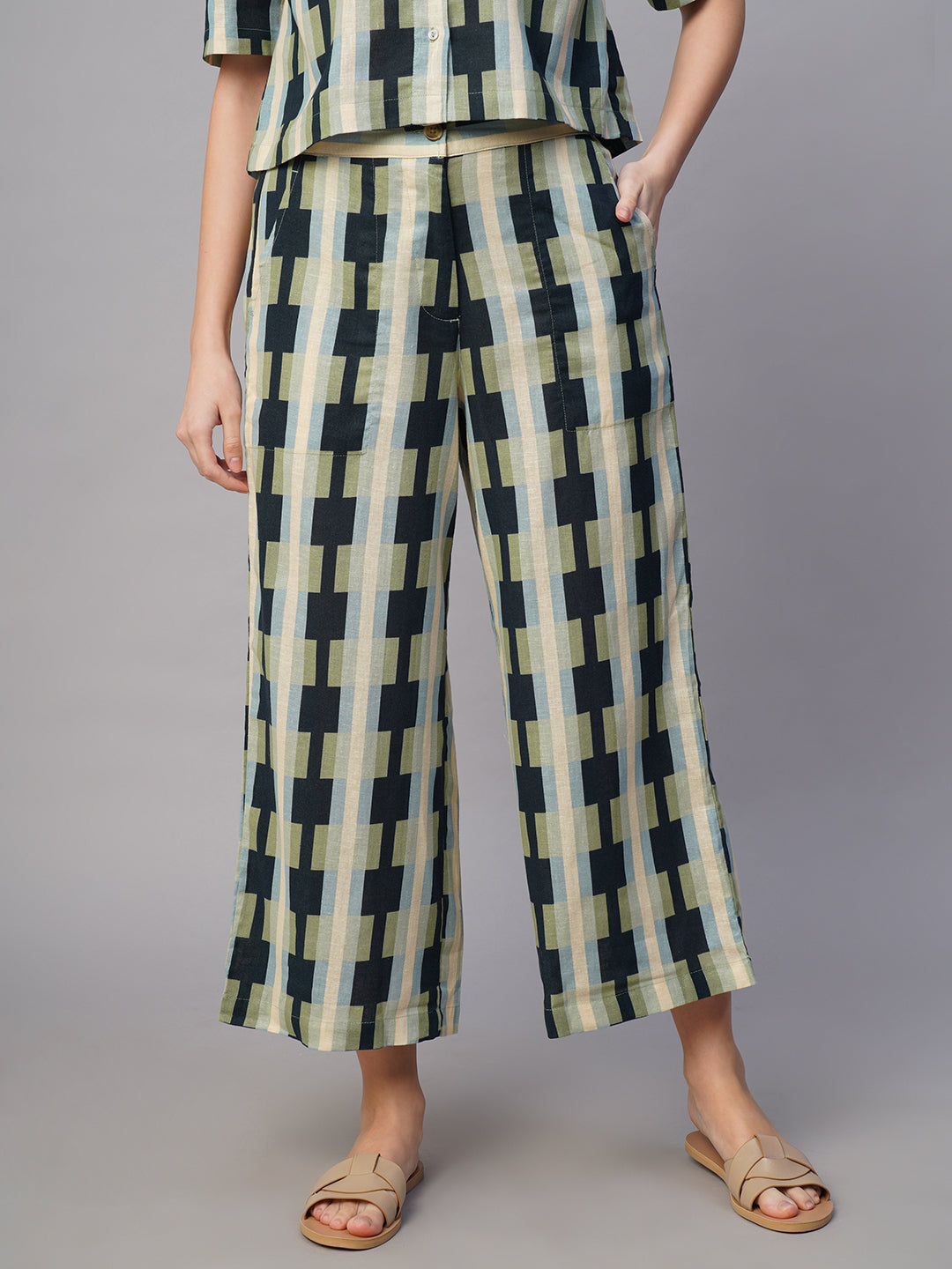 Women's Blue Cotton Flax Regular Fit Culotte