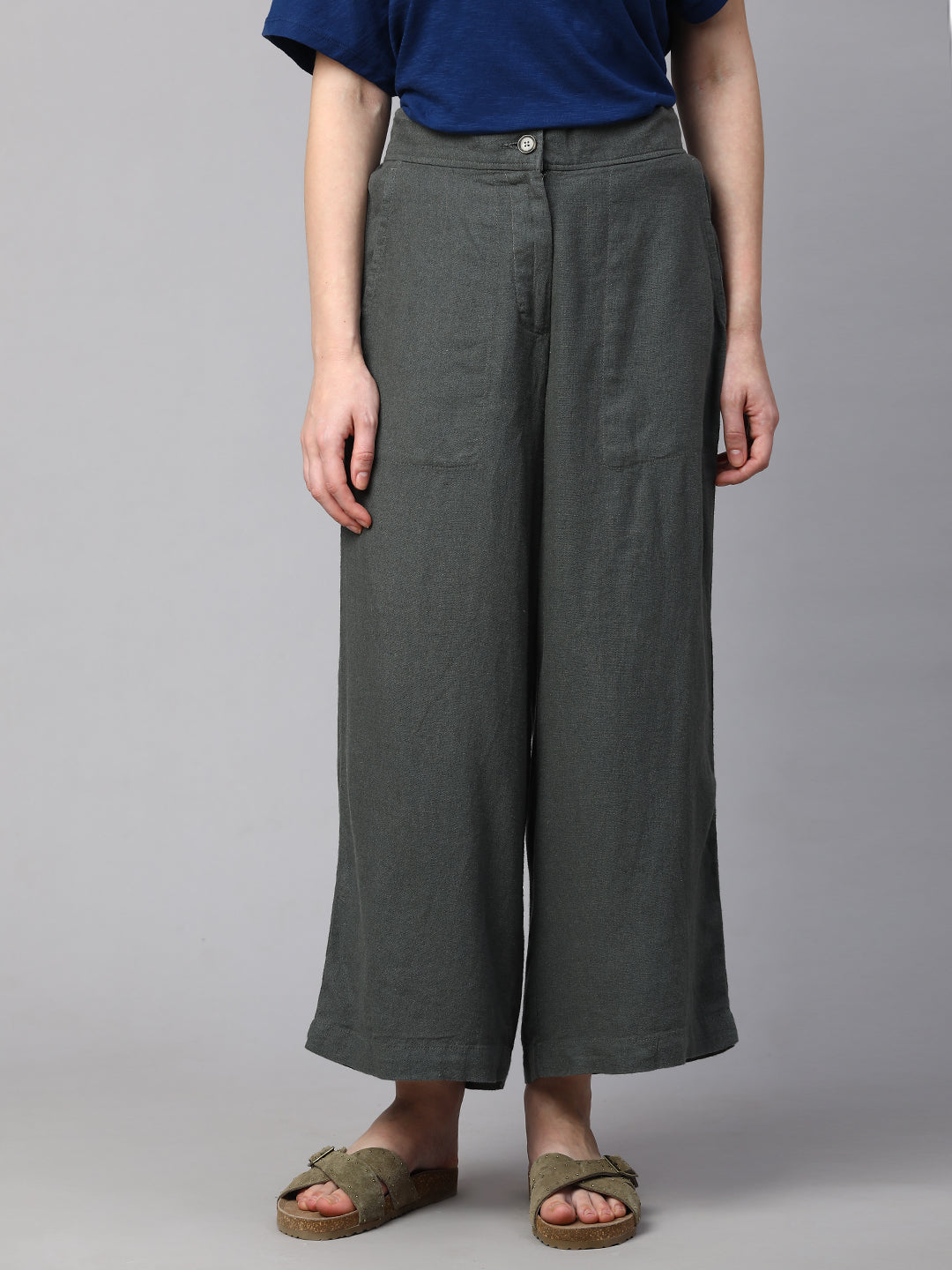 Women's Grey Linen Viscose Wide Leg Culotte