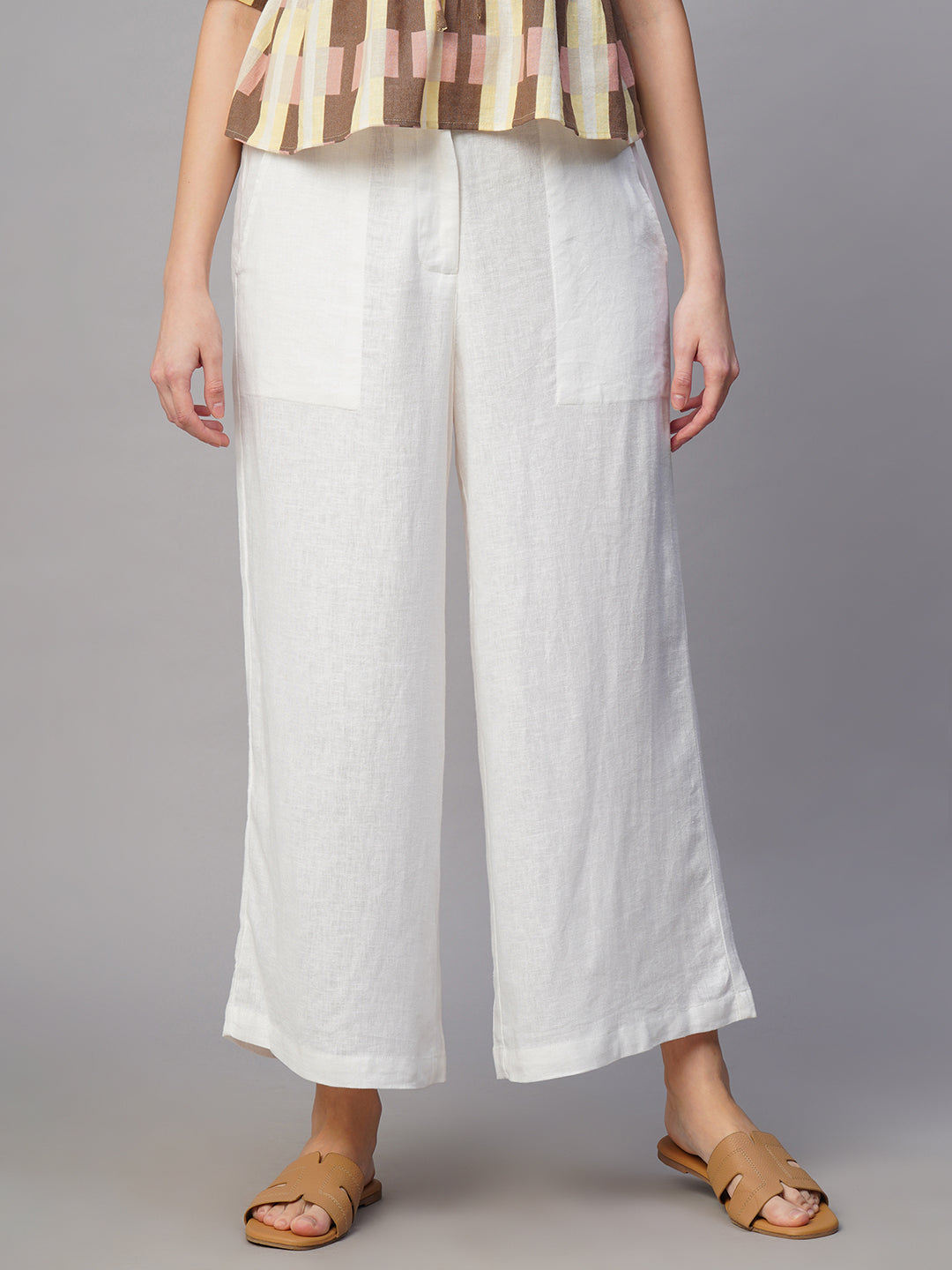 Women's White Linen Viscose Regular Fit Culotte