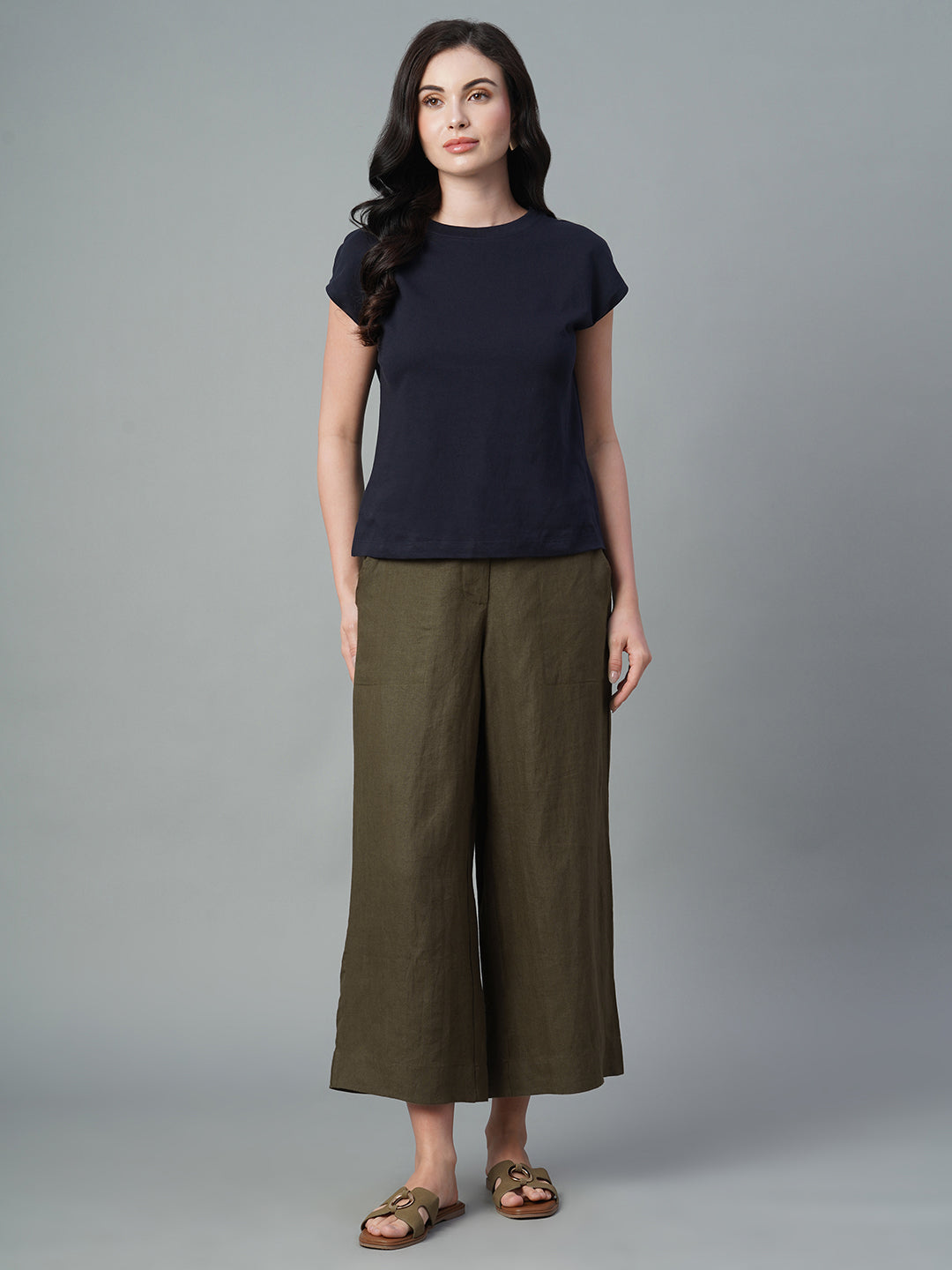 Women's Brown 100% Linen Wide Leg Culotte
