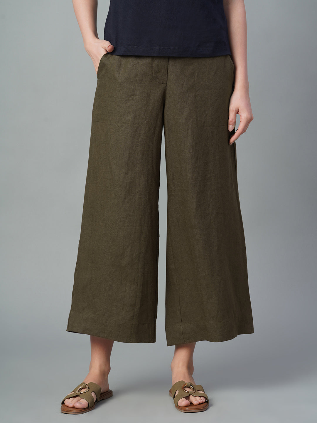 Women's Brown 100% Linen Wide Leg Culotte