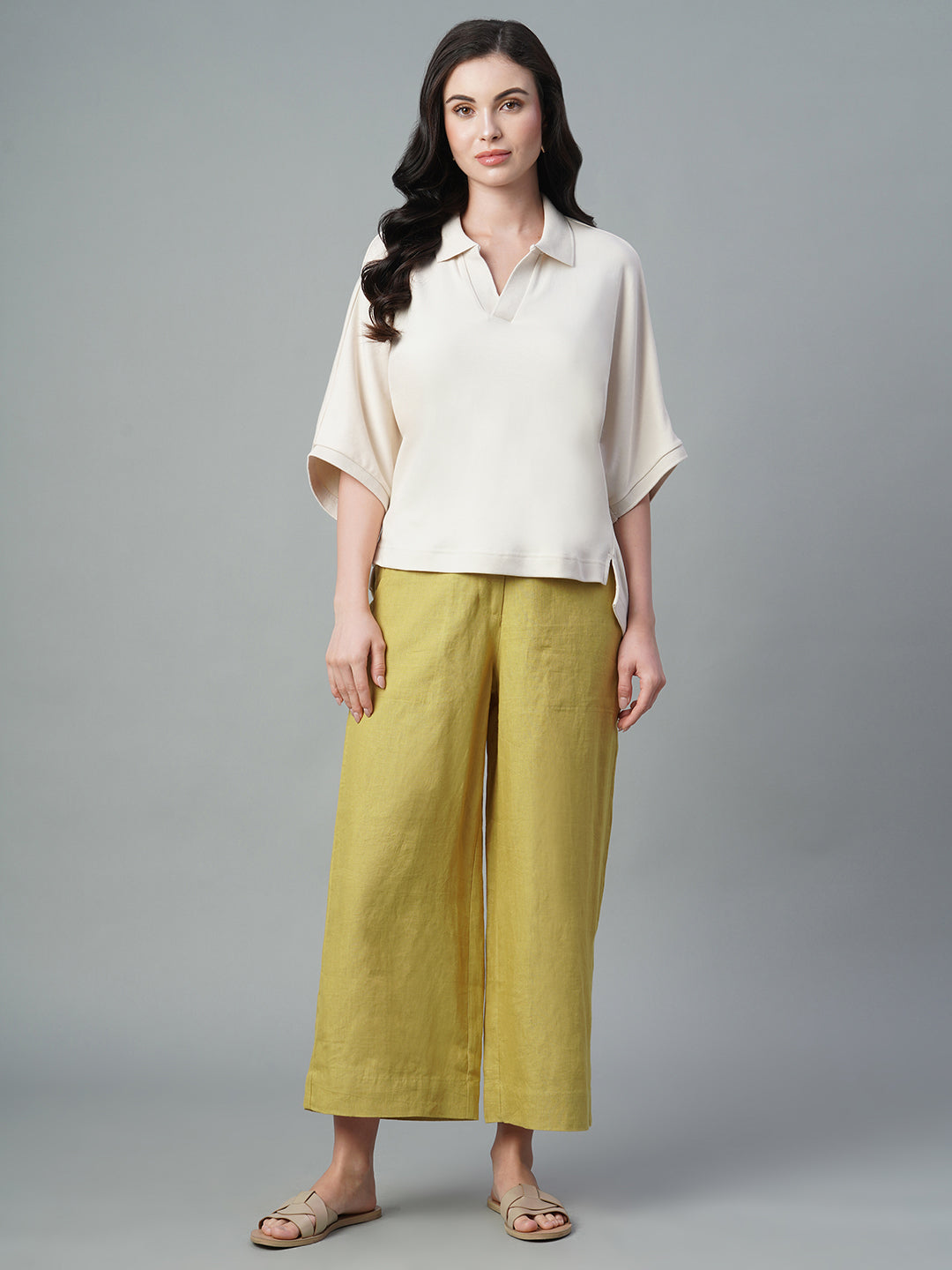Women's Mustard 100% Linen Wide Leg Culotte