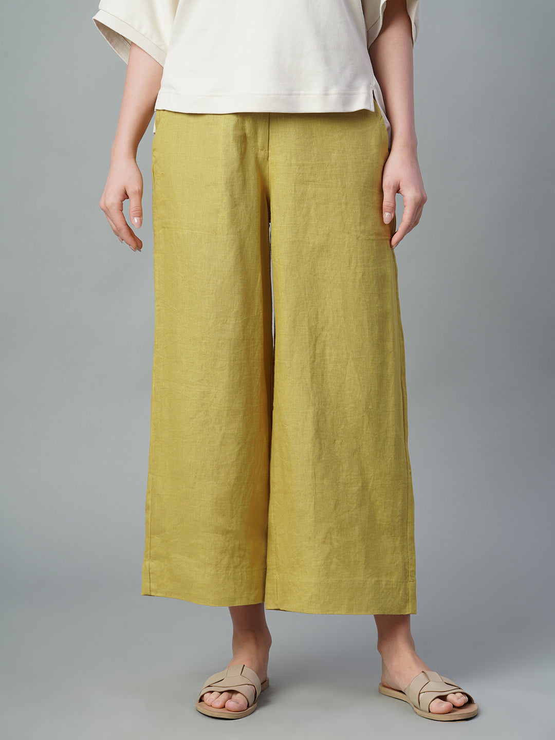 Women's Mustard 100% Linen Wide Leg Culotte