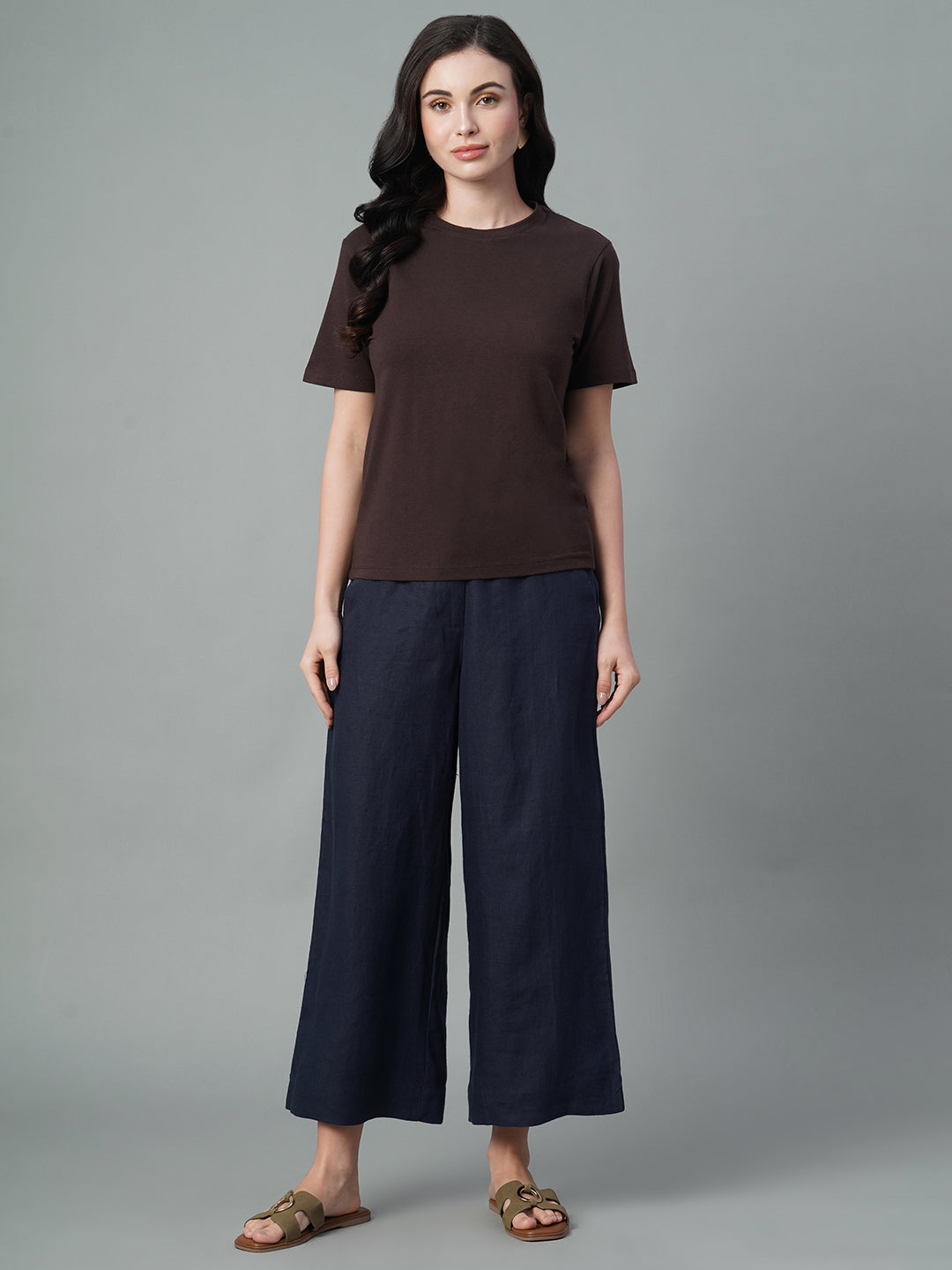 Women's Navy 100% Linen Wide Leg Culotte