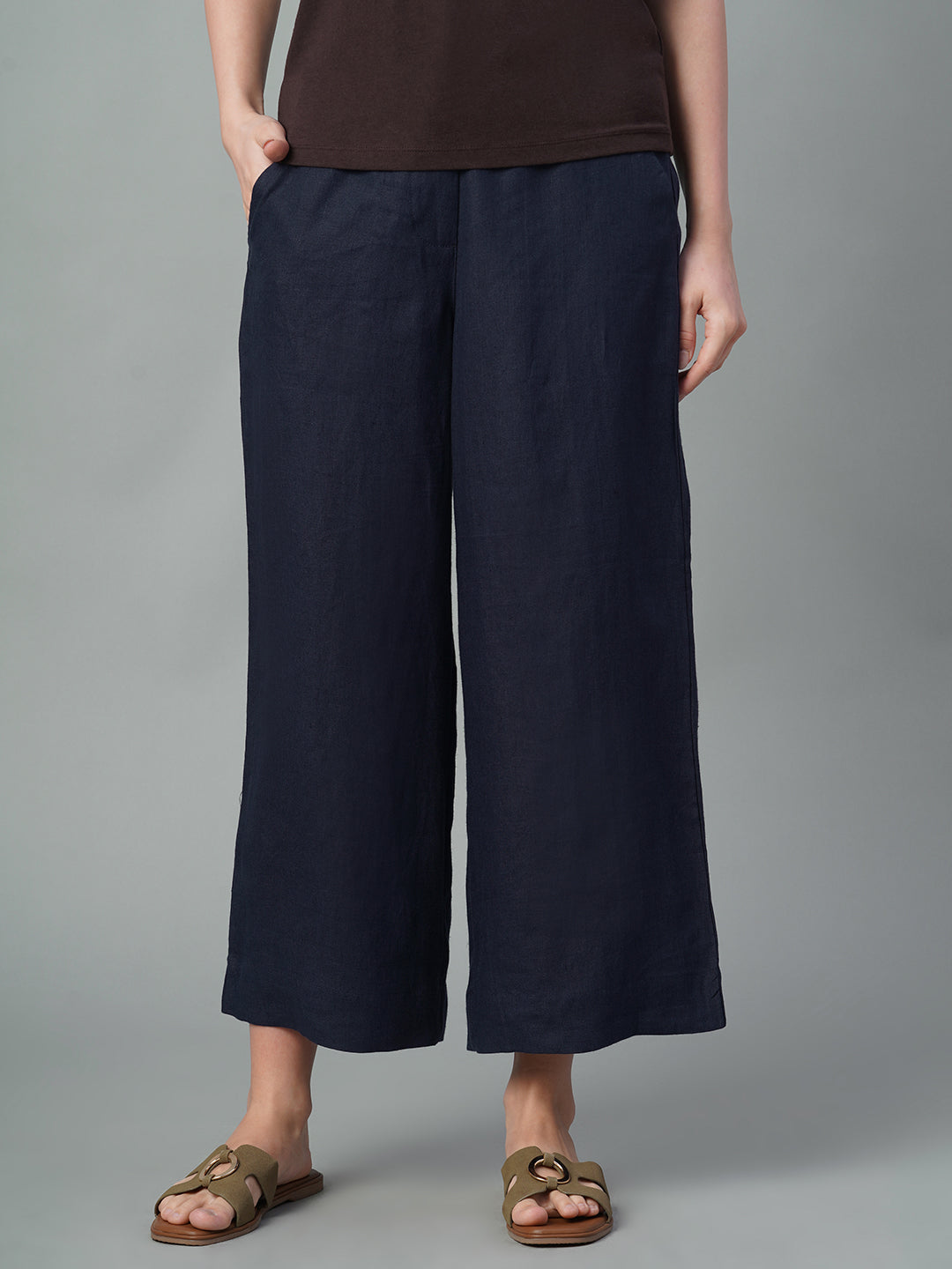 Women's Navy 100% Linen Wide Leg Culotte