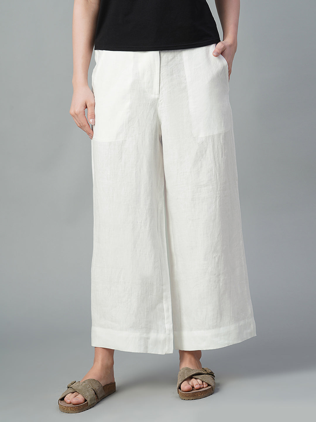 Women's White 100% Linen Wide Leg Culotte