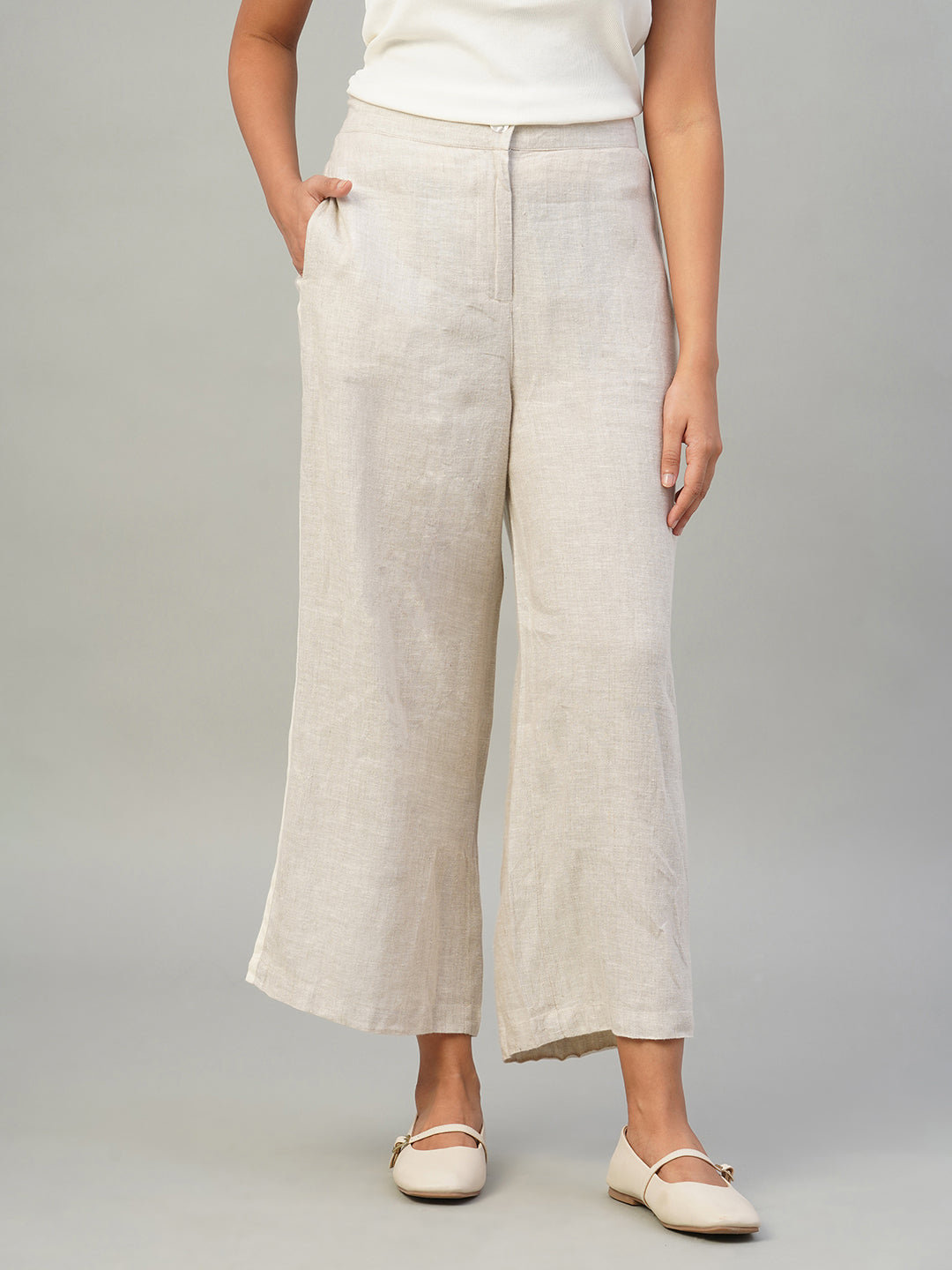Women's Beige 100% Linen Regular Fit Culotte