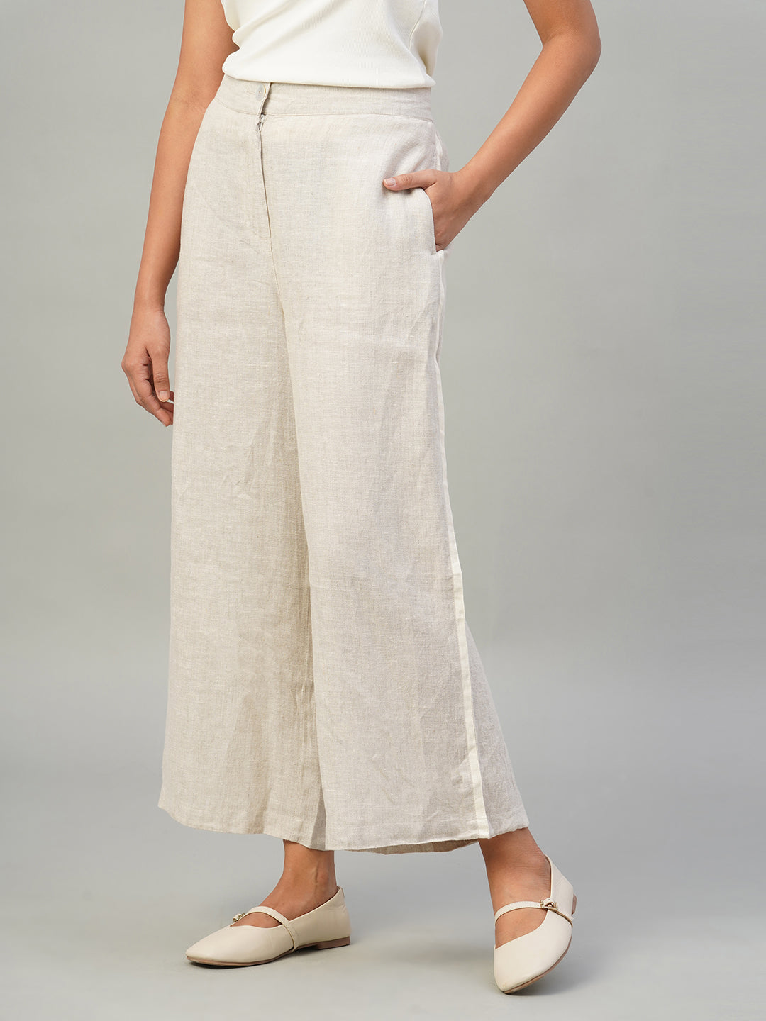 Women's Beige 100% Linen Regular Fit Culotte