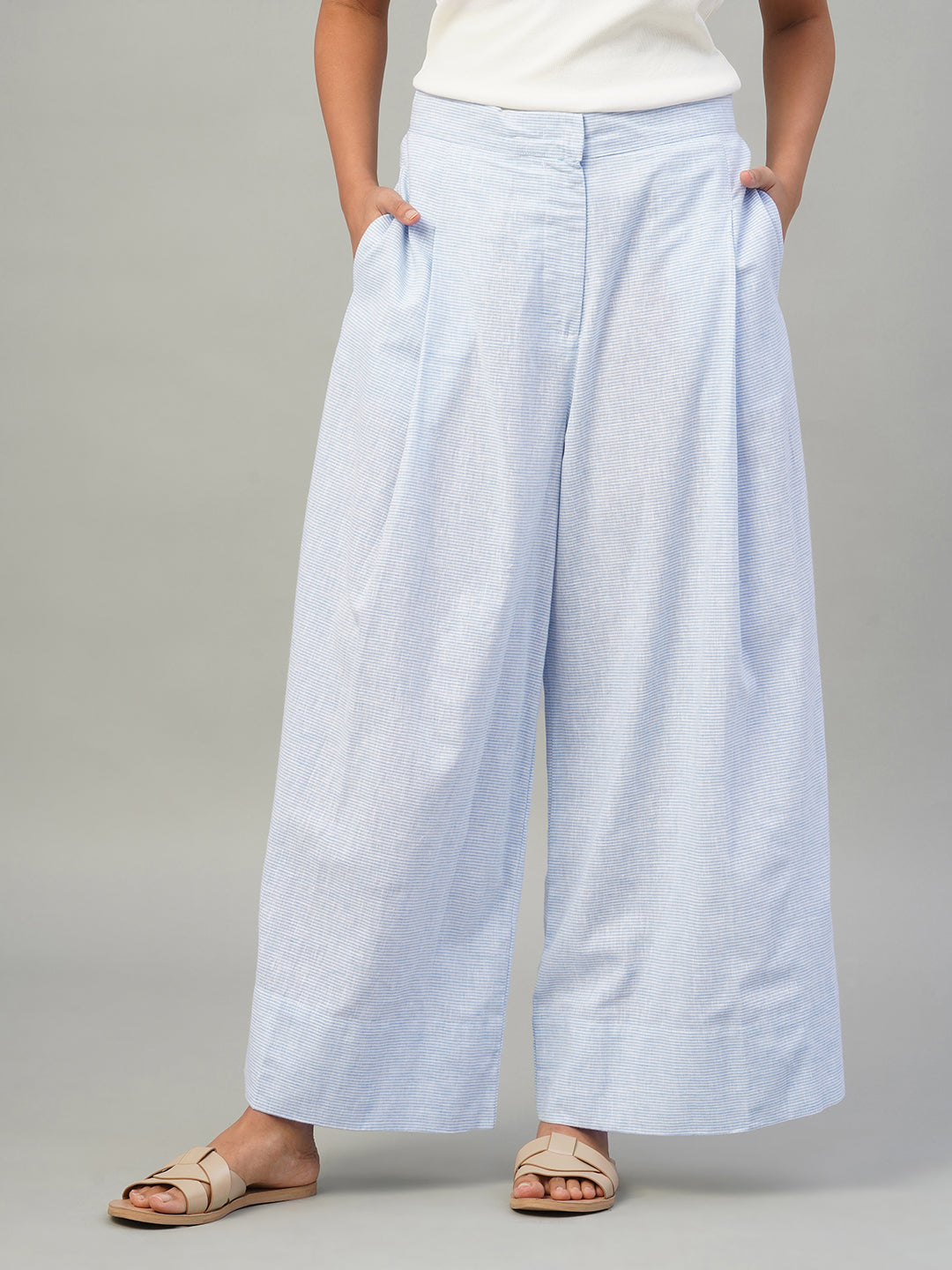 Women's Blue Cotton Linen Regular Fit Culotte