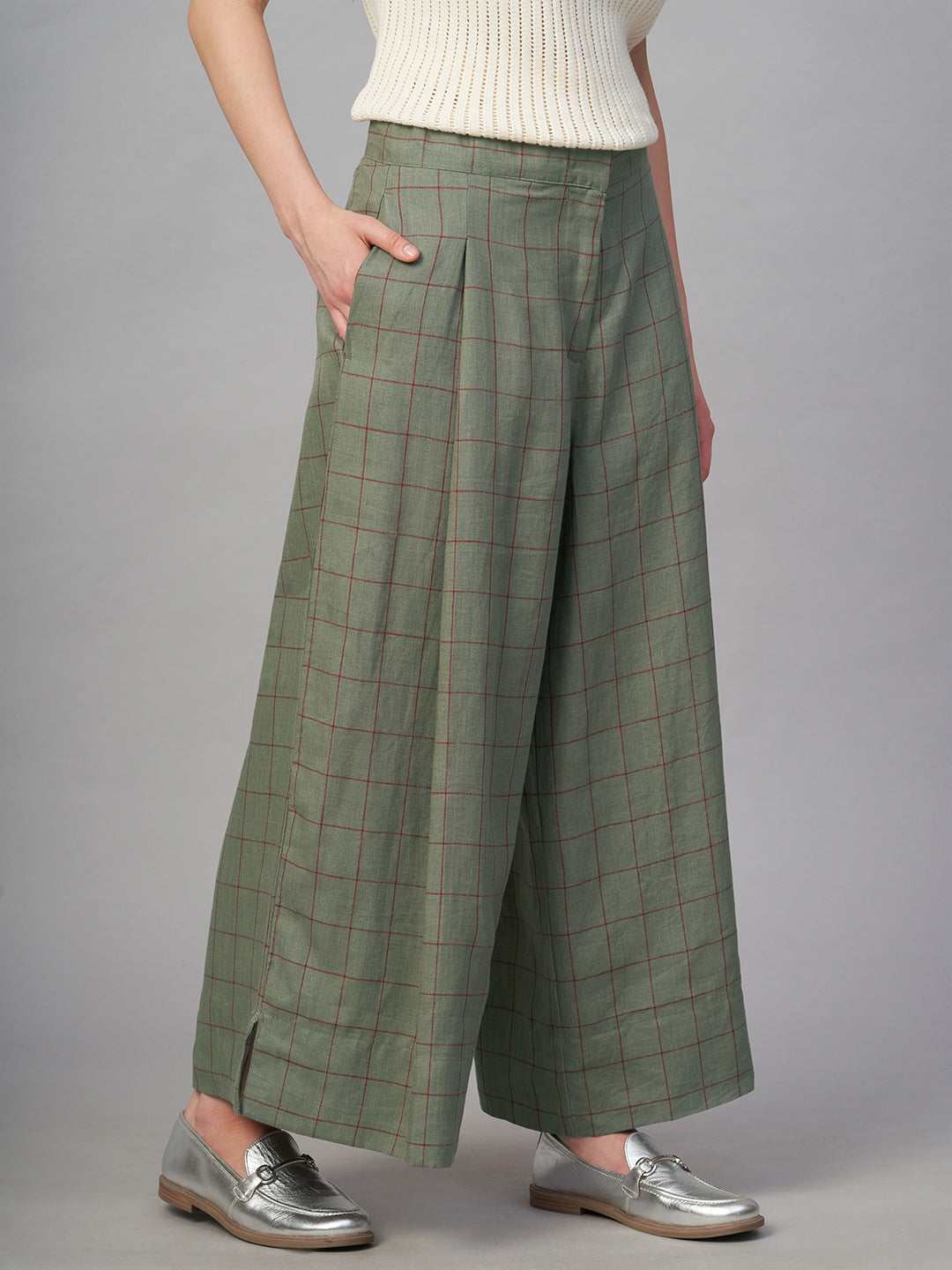 Women's Olive 100% Linen Regular Fit Culotte