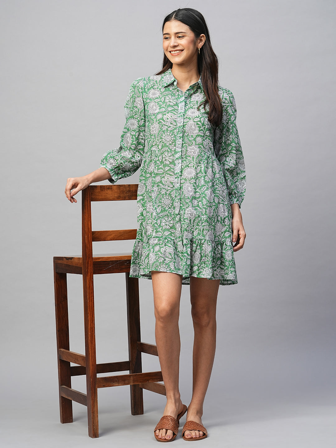 Women's Cotton Green Regular Fit Dress