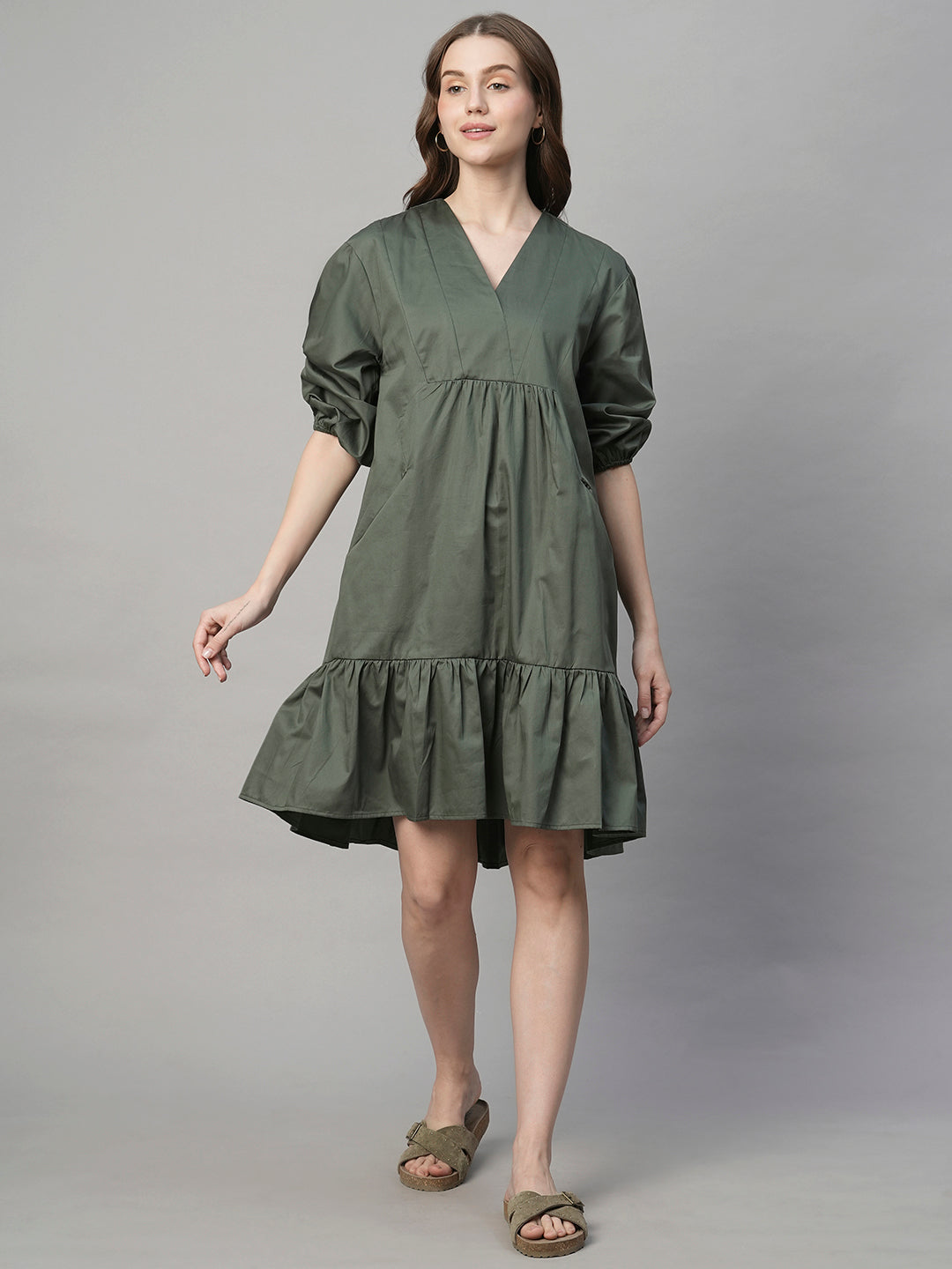 Women's Olive Cotton Elastane Boxy Fit Dress