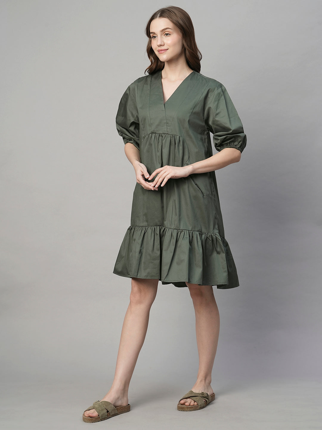 Women's Olive Cotton Elastane Boxy Fit Dress