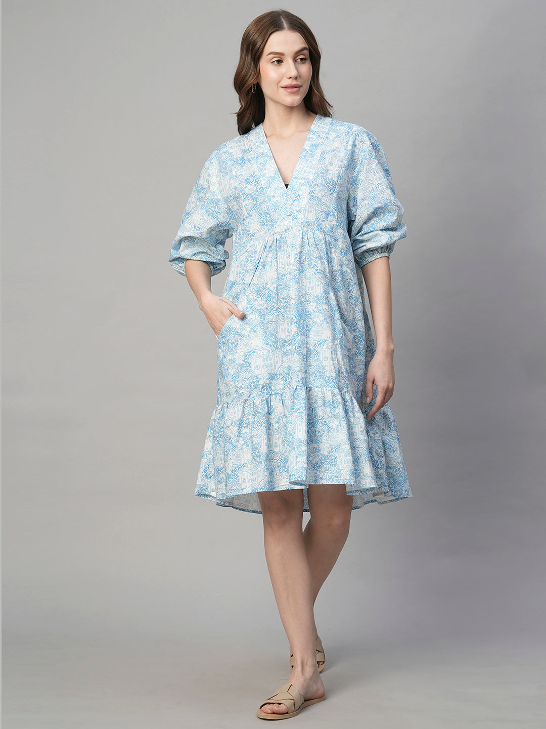 Women's Blue Cotton Linen Boxy Fit Dress