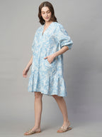 Women's Blue Cotton Linen Boxy Fit Dress