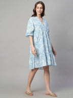 Women's Blue Cotton Linen Boxy Fit Dress