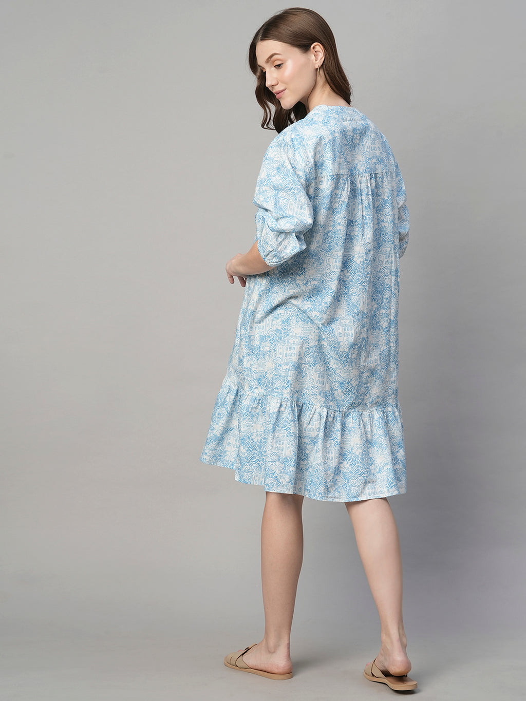 Women's Blue Cotton Linen Boxy Fit Dress
