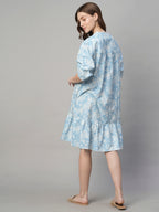 Women's Blue Cotton Linen Boxy Fit Dress