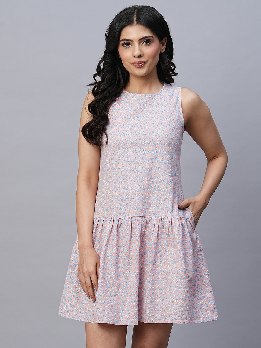 Women's Peach Linen Cotton Regular Fit Dress