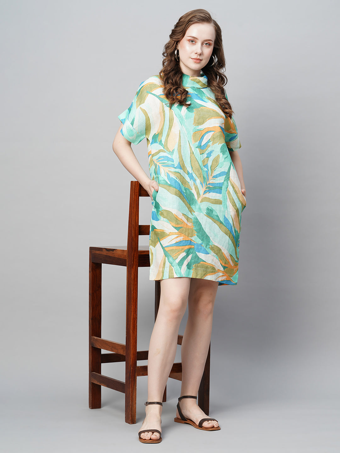 Women's Linen Green Regular Fit Dress