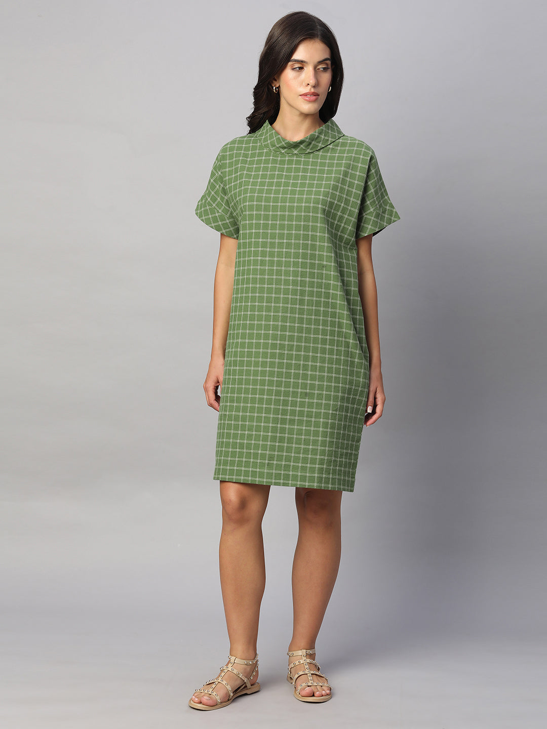 Women's Green Cotton Linen Regular Fit Dress