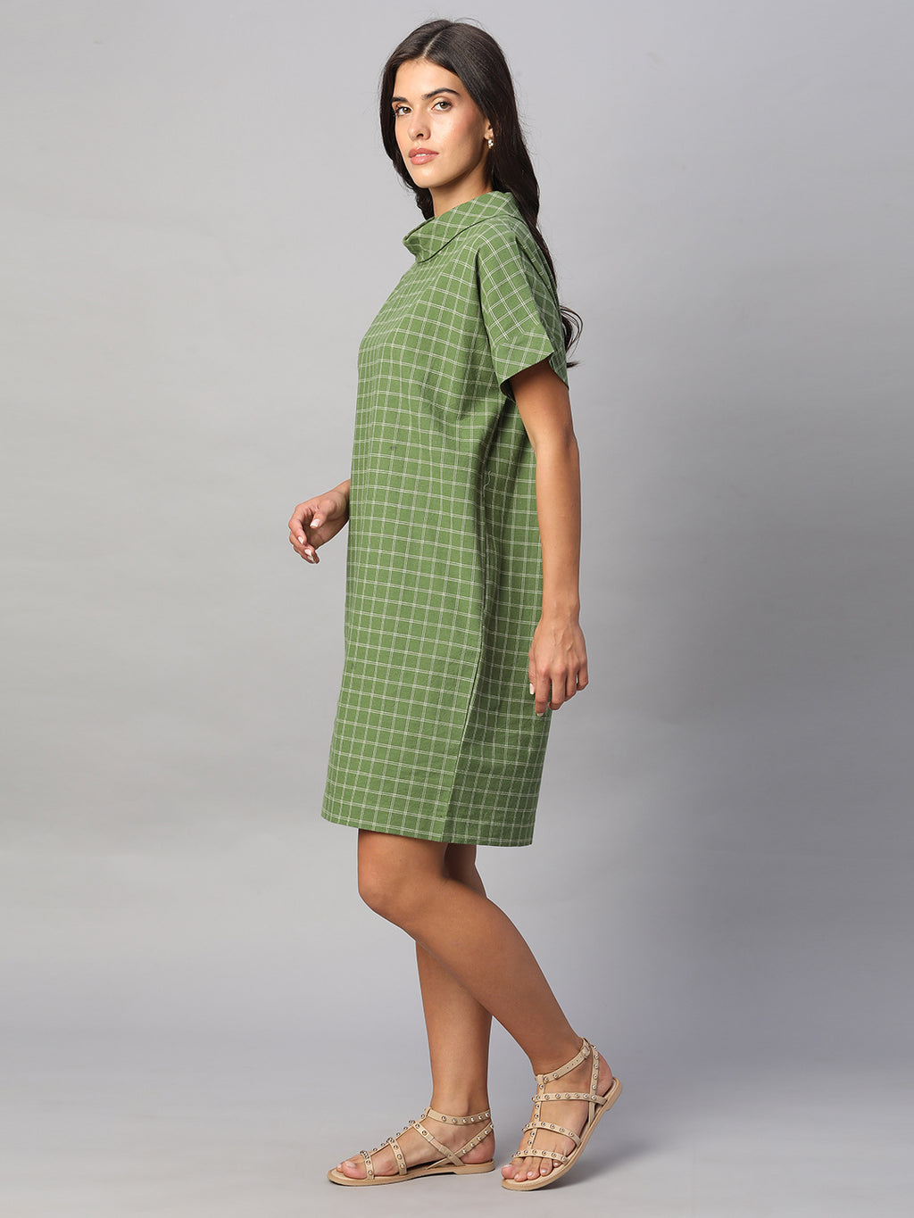 Women's Green Cotton Linen Regular Fit Dress