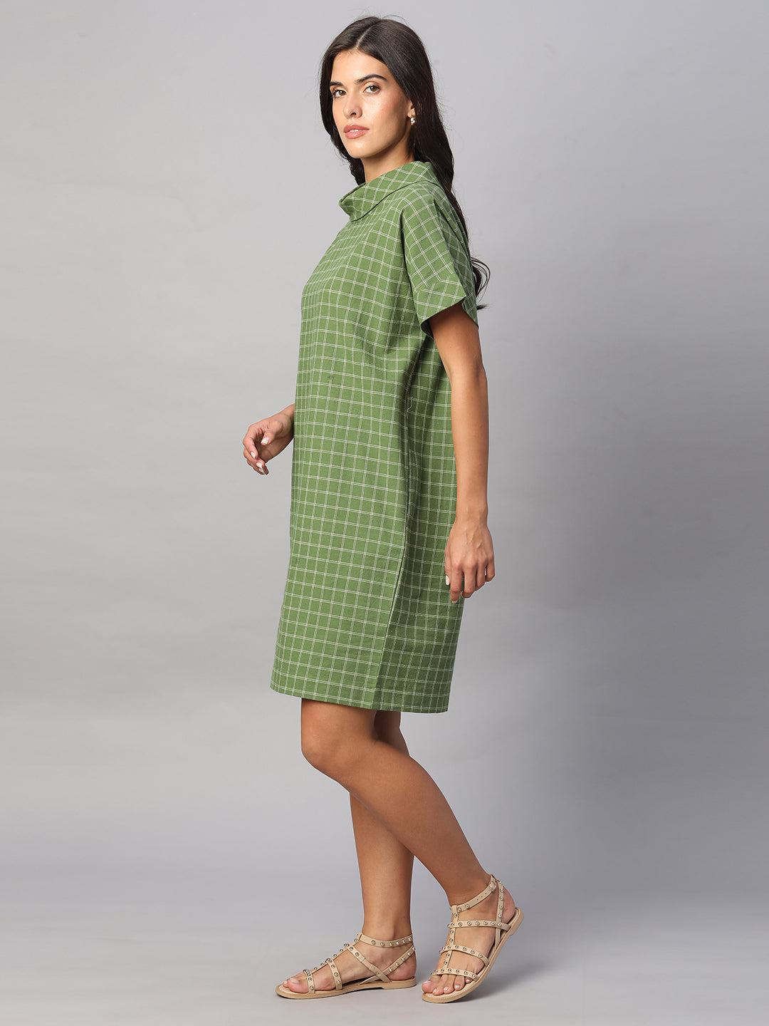 Women's Green Cotton Linen Regular Fit Dress