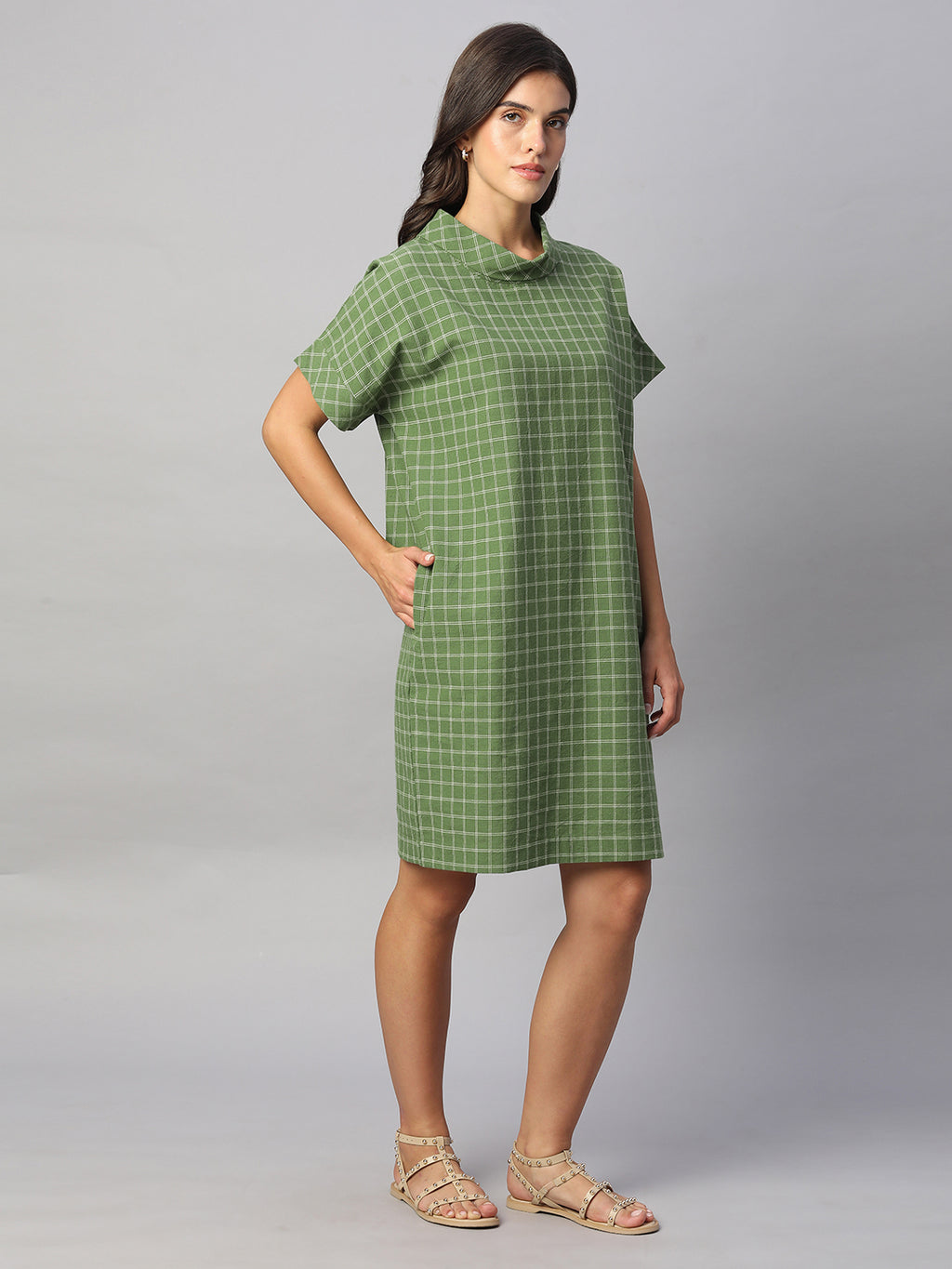 Women's Green Cotton Linen Regular Fit Dress