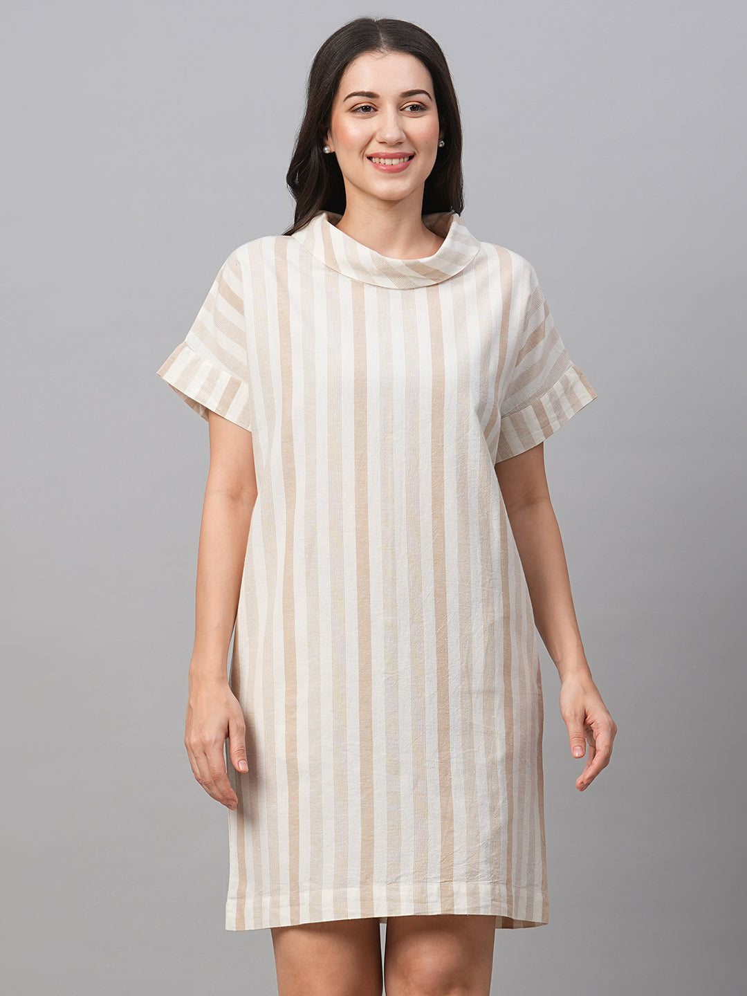 Women's Beige Cotton Linen Regular Fit Dress