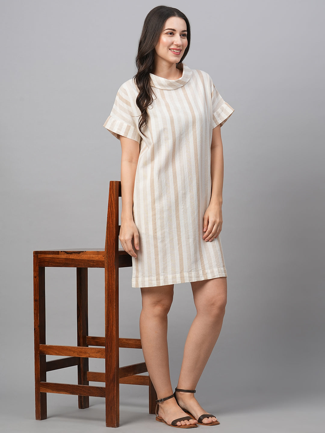 Women's Beige Cotton Linen Regular Fit Dress