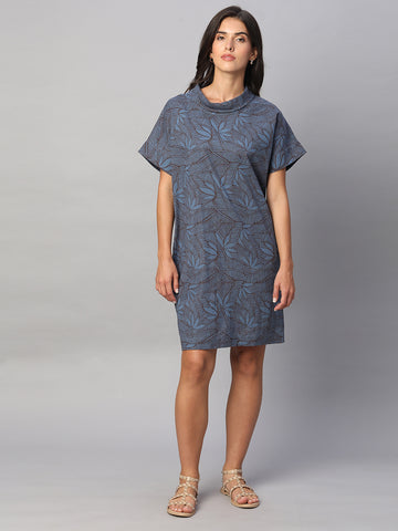 Women's Blue Cotton Flax Regular Fit Dress