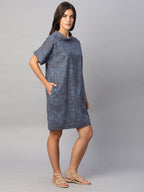 Women's Blue Cotton Flax Regular Fit Dress