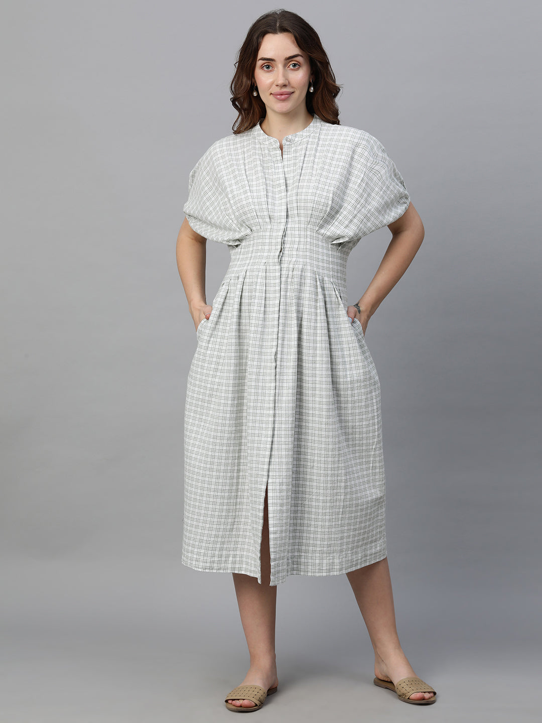 Women's White Cotton Linen Regular Fit Dress