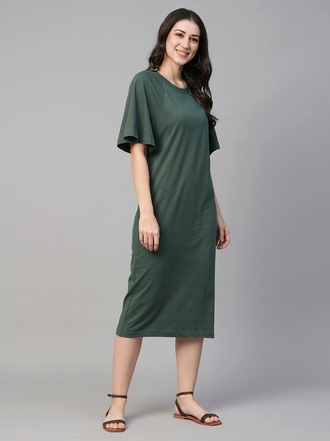 Women's Green Cotton Loose Fit Knit Dress