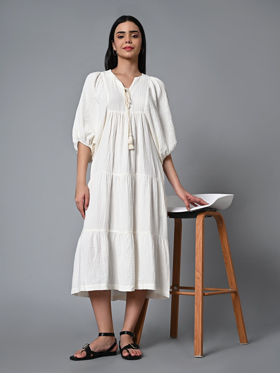 Women's Offwhite Cotton Regular Fit Dress