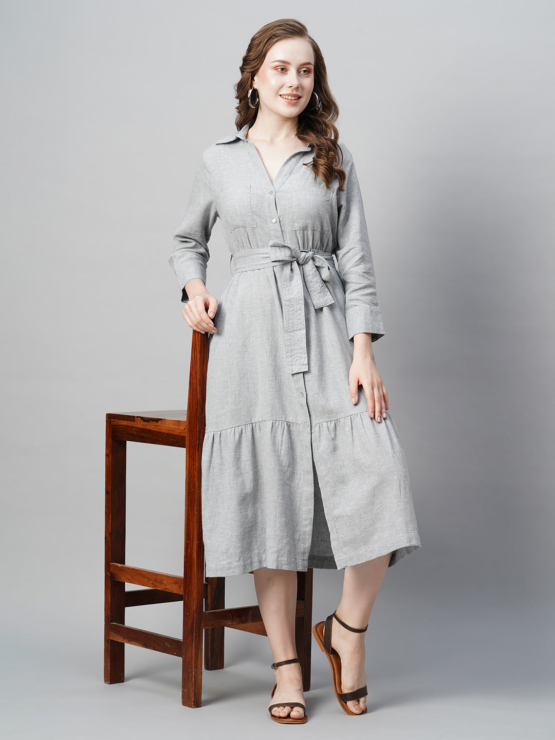 Women's Cotton Linen Grey Regular Fit Dress