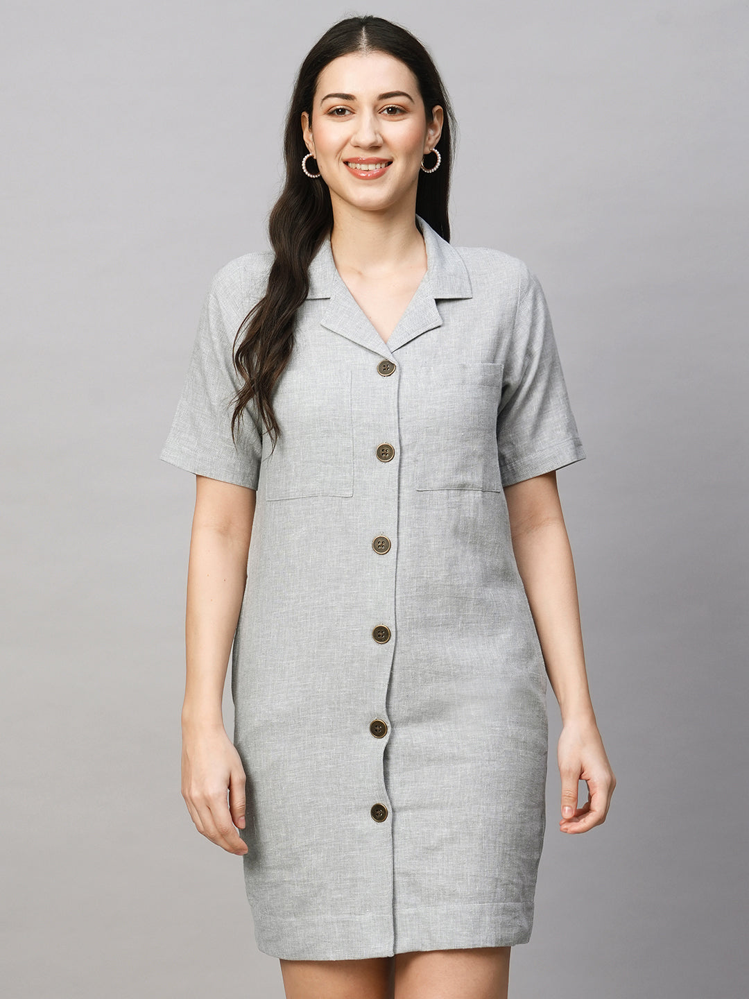 Women's Grey Cotton Linen Regular Fit Dress