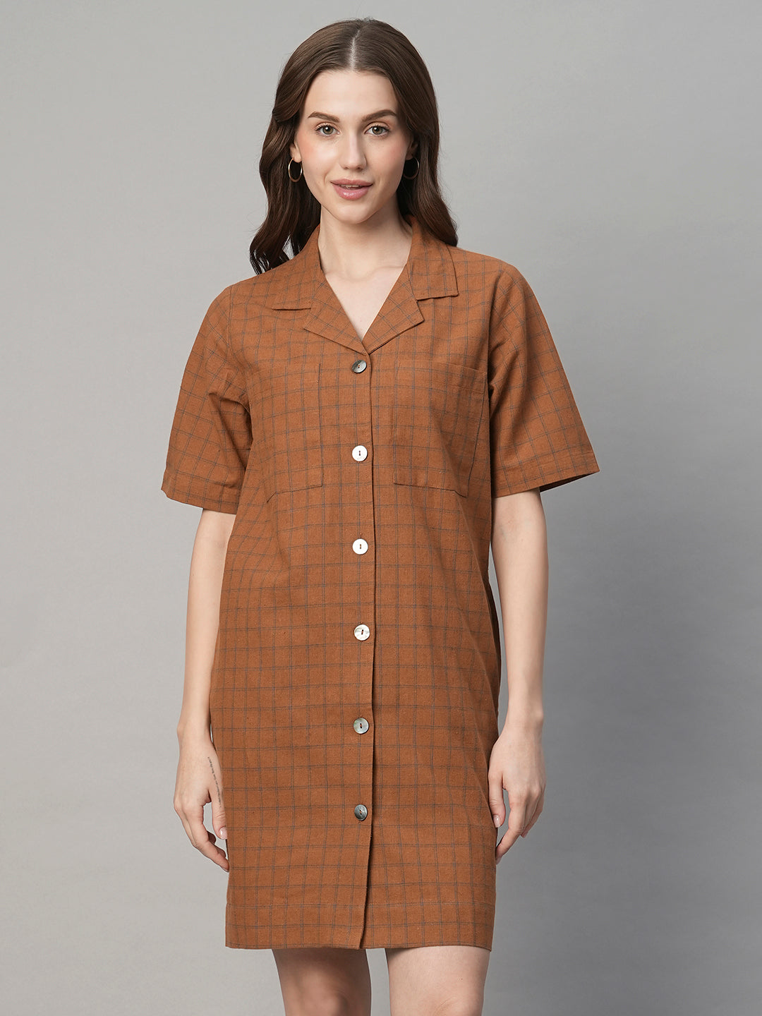 Women's Rust Cotton Linen Regular Fit Dress