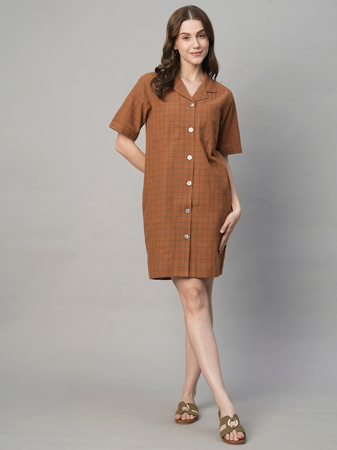 Women's Rust Cotton Linen Regular Fit Dress