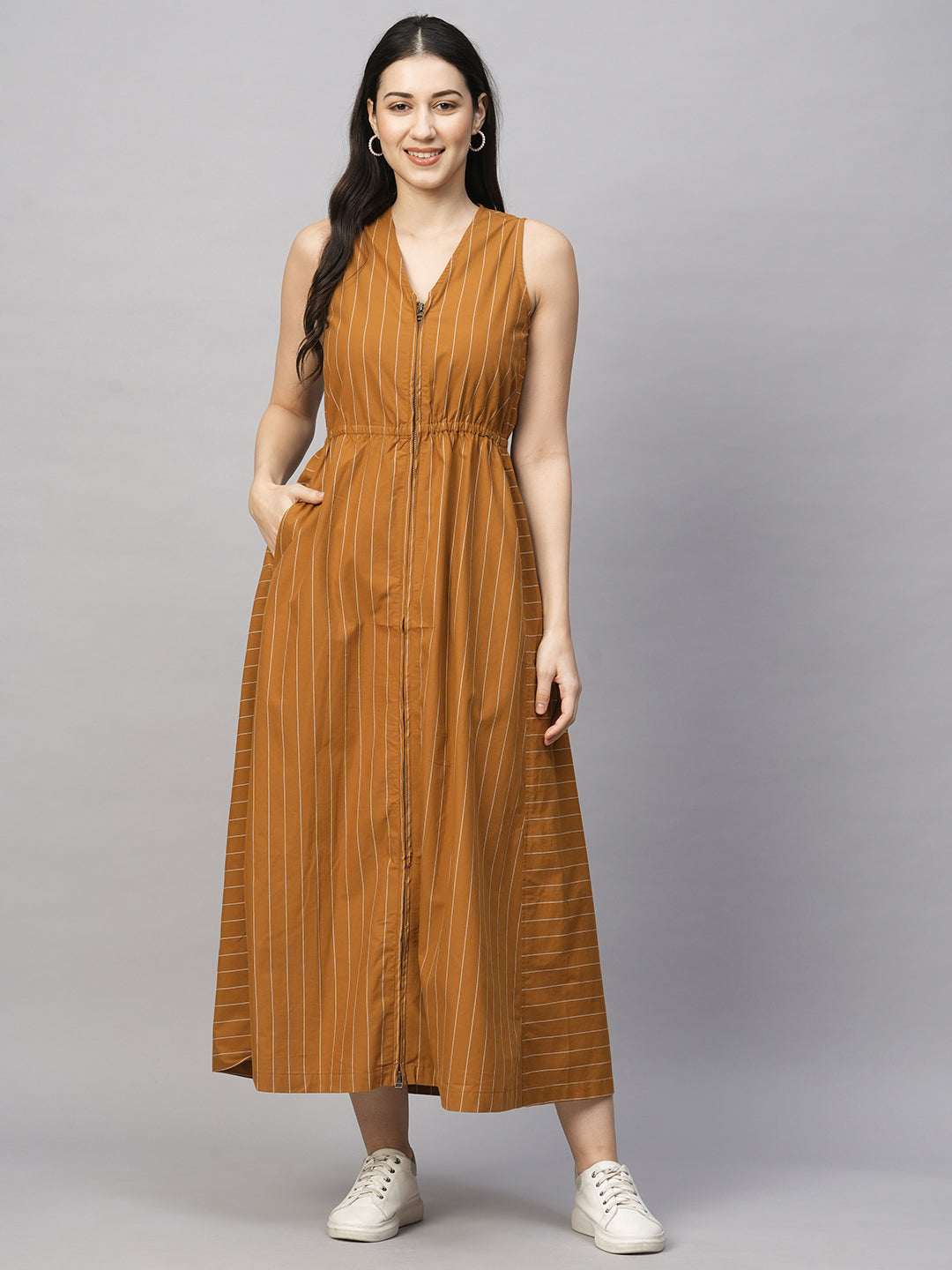Women's Mustard Cotton Regular Fit Dress