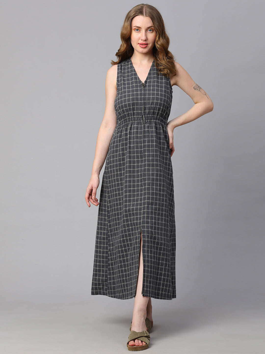 Women's Black Cotton Linen Regular Fit Dress