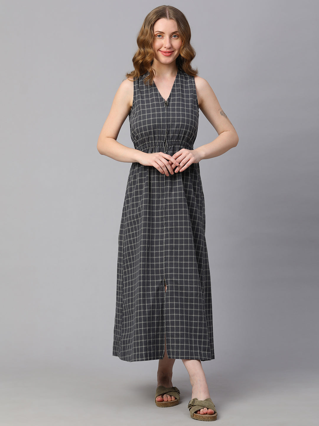 Women's Black Cotton Linen Regular Fit Dress