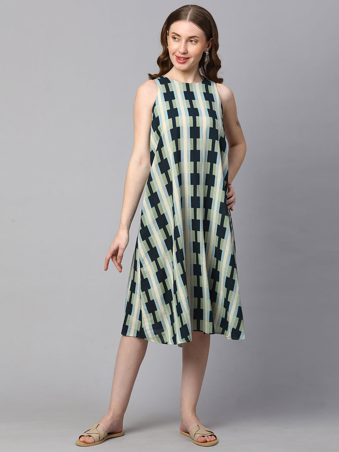 Women's Blue Cotton Flax A Line Dress