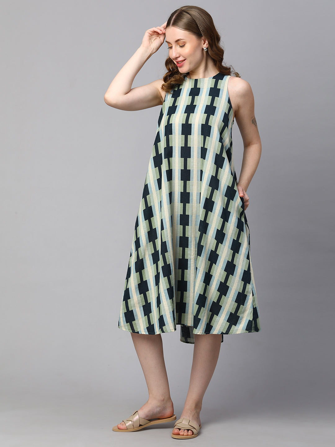 Women's Blue Cotton Flax A Line Dress